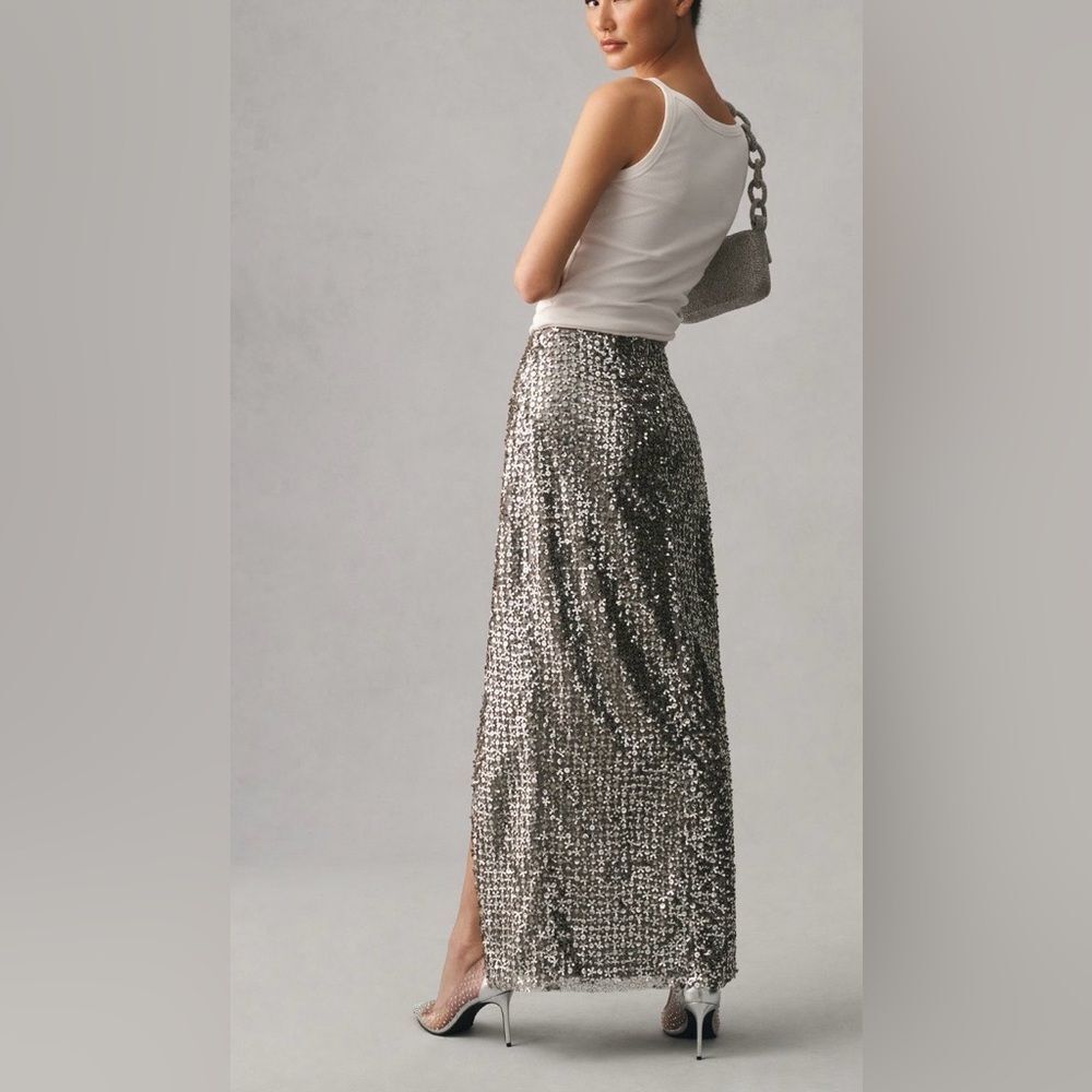 Anthropologie Not So Serious/Let Me Be Sequin Slit Maxi Skirt in Silver - Picture 4 of 10